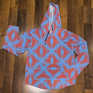 NWOT Brooklyn Blue & Red Geometric Aztec / Tribal Hooded shirt (mens Large)